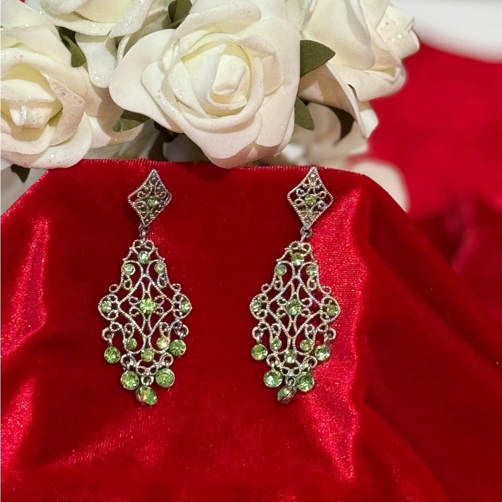New Elegant Silver and Green Chandelier Earrings